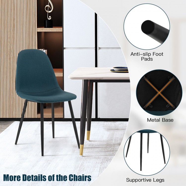 Blue dining chair with black metal legs, ergonomic backrest, and foam upholstery for comfort in various settings.